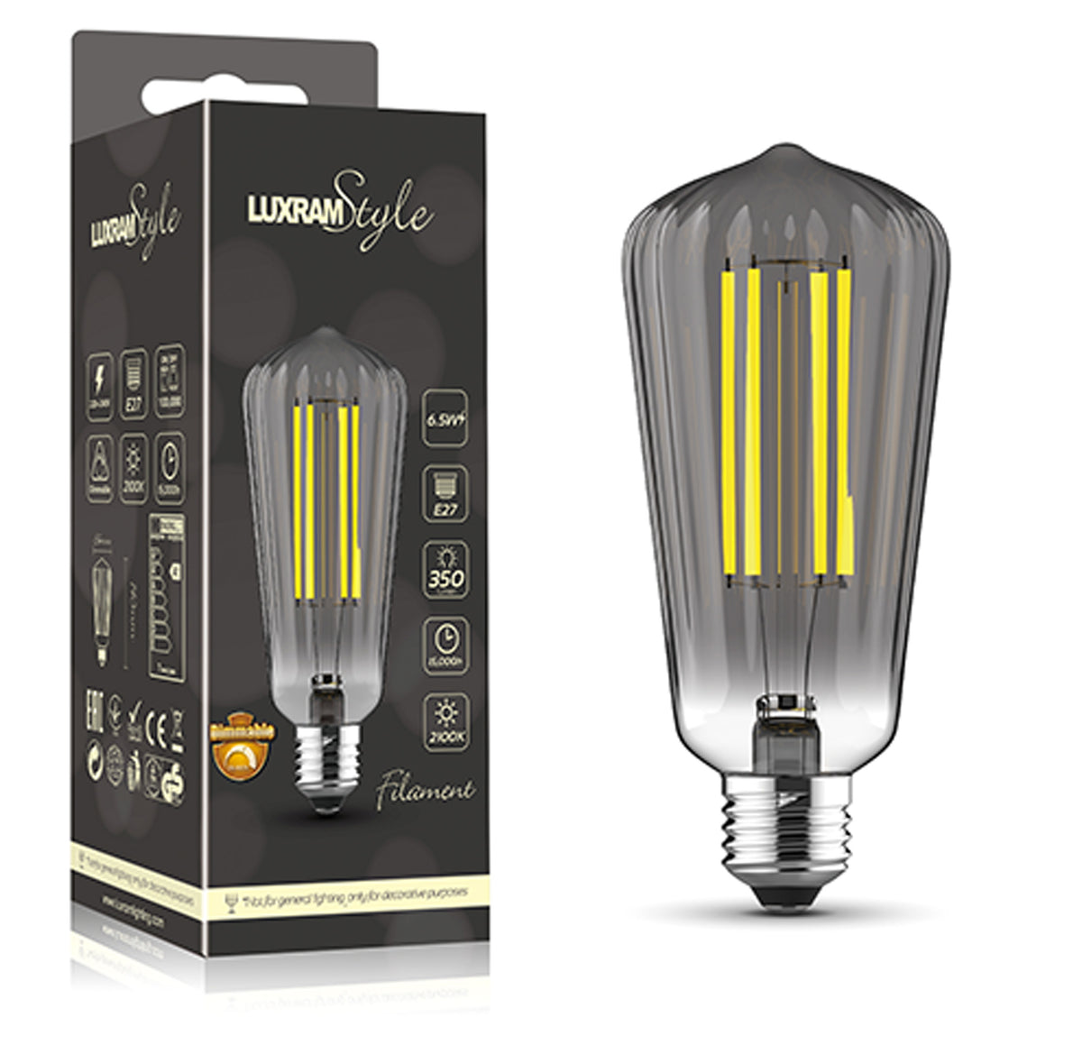 Classic Style ST64 E27 LED Smoked Ripple Glass Lamp