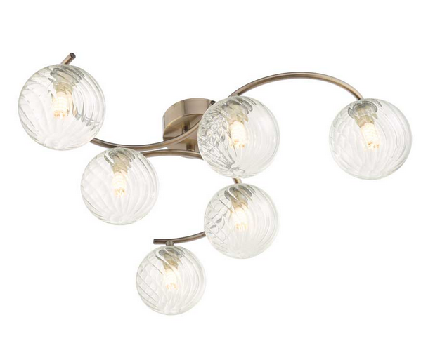 Matisse 6 Light Semi Flush Antique Brass Twisted Ribbed Glass MAT6AB/GALG03