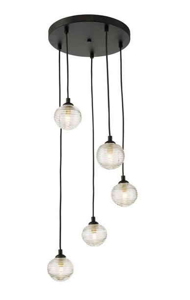 Rembrandt 5 Light Cluster Pendant Matt Black Ribbed Glass REMBLC/GALG08