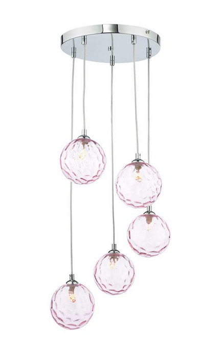 Rembrandt 5 Light Cluster Pendant Polished Chrome Pink Dimple Glass REMPC/GALG013