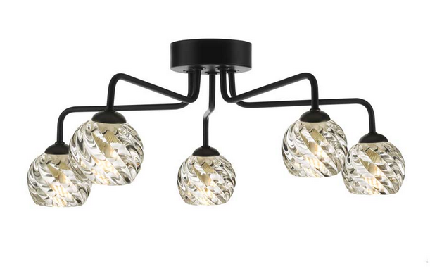 Rubens 5 Light Semi Flush Matt Black Twisted Open Glass RUB5BLC/GALG05
