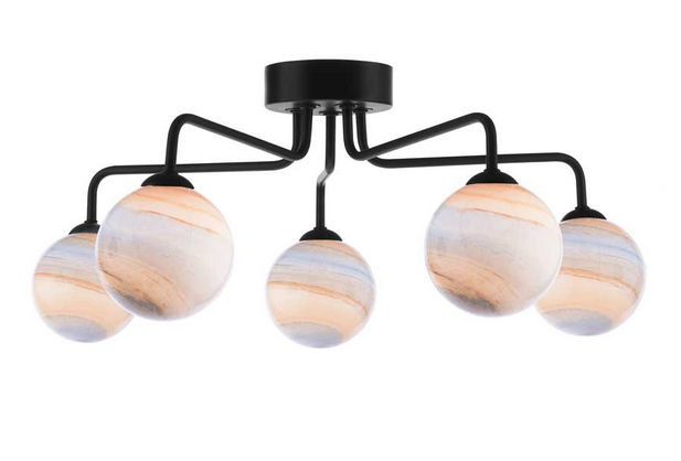 Rubens 5 Light Semi Flush Matt Black Large Planet Style Glass RUB5BLC/GALG07L