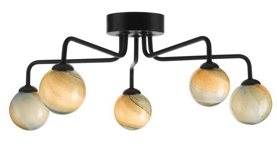 Rubens 5 Light Semi Flush Matt Black Small Planet Style Glass RUB5BLC/GALG07