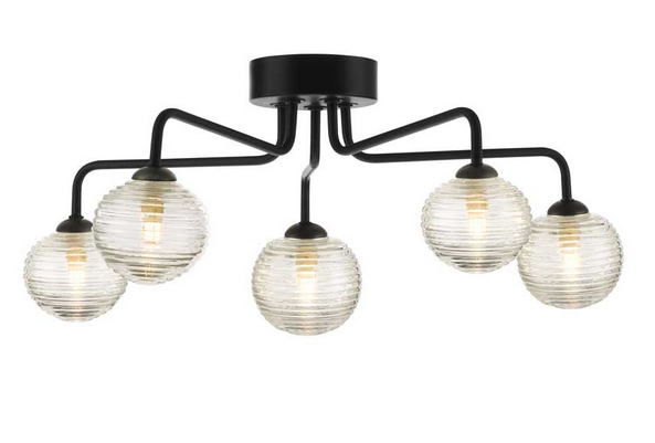 Rubens 5 Light Semi Flush Matt Black Ribbed Glass RUB5BLC/GALG08