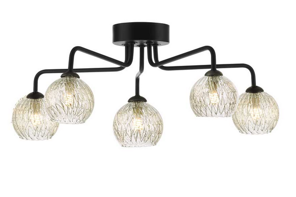 Rubens 5 Light Semi Flush Matt Black Clear and Inner Wire Glass RUB5BLC/GALG09