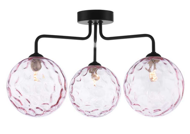 Rubens 3 Light Semi Flush Matt Black Pink Dimple Glass RUB3BLC/GALG013