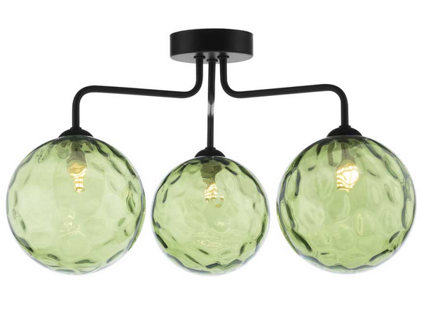 Rubens 3 Light Semi Flush Matt Black Green Dimple Glass RUB3BLC/GALG014