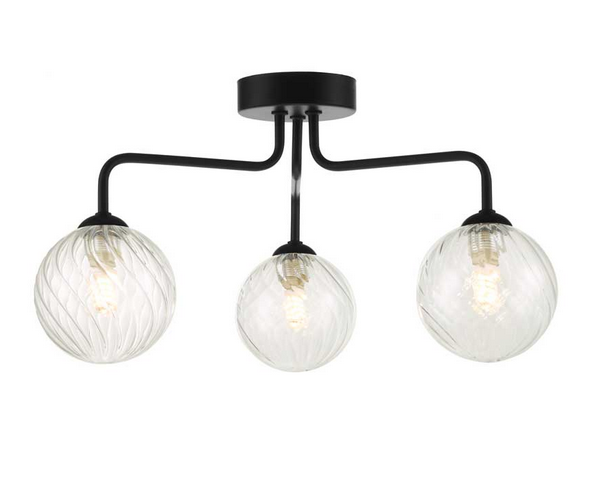 Rubens 3 Light Semi Flush Matt Black Twisted Glass RUB3BLC/GALG03