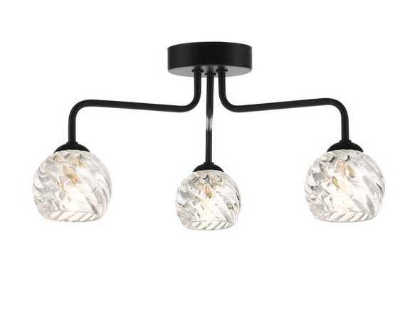 Rubens 3 Light Semi Flush Matt Black Twisted Open Glass RUB3BLC/GALG05