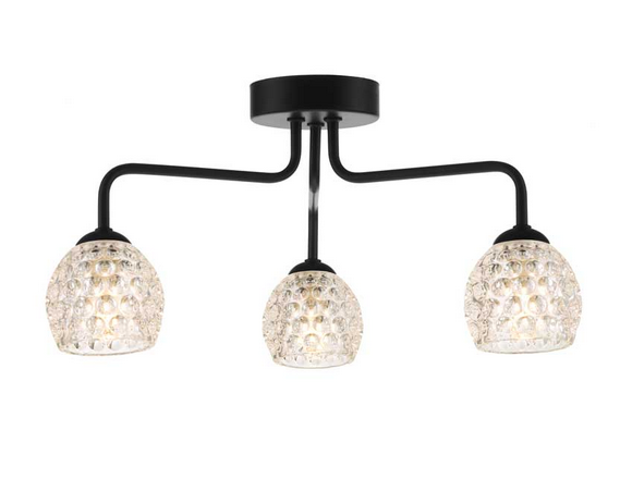 Rubens 3 Light Semi Flush Matt Black Dimpled Open Glass RUB3BLC/GALG06