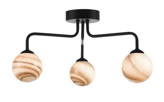 Rubens 3 Light Semi Flush Matt Black Small Planet Style Glass RUB3BLC/GALG07