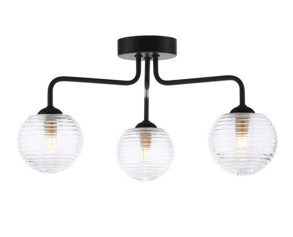Rubens 3 Light Semi Flush Matt Black Ribbed Glass RUB3BLC/GALG08