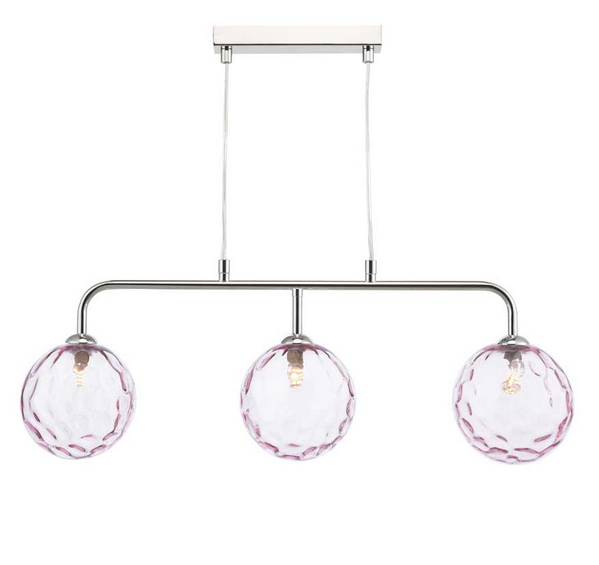 Rubens 3 Light Bar Pendant Polished Chrome Pink Dimple Glass RUBBPPC/GALG013