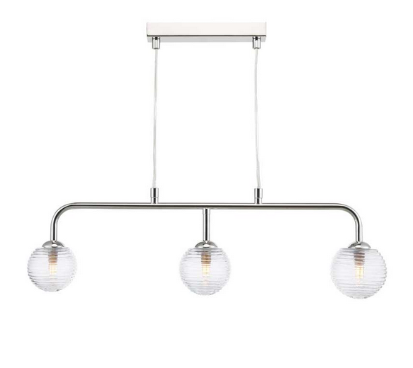 Rubens 3 Light Bar Pendant Polished Chrome Ribbed Glass RUBBPPC/GALG08