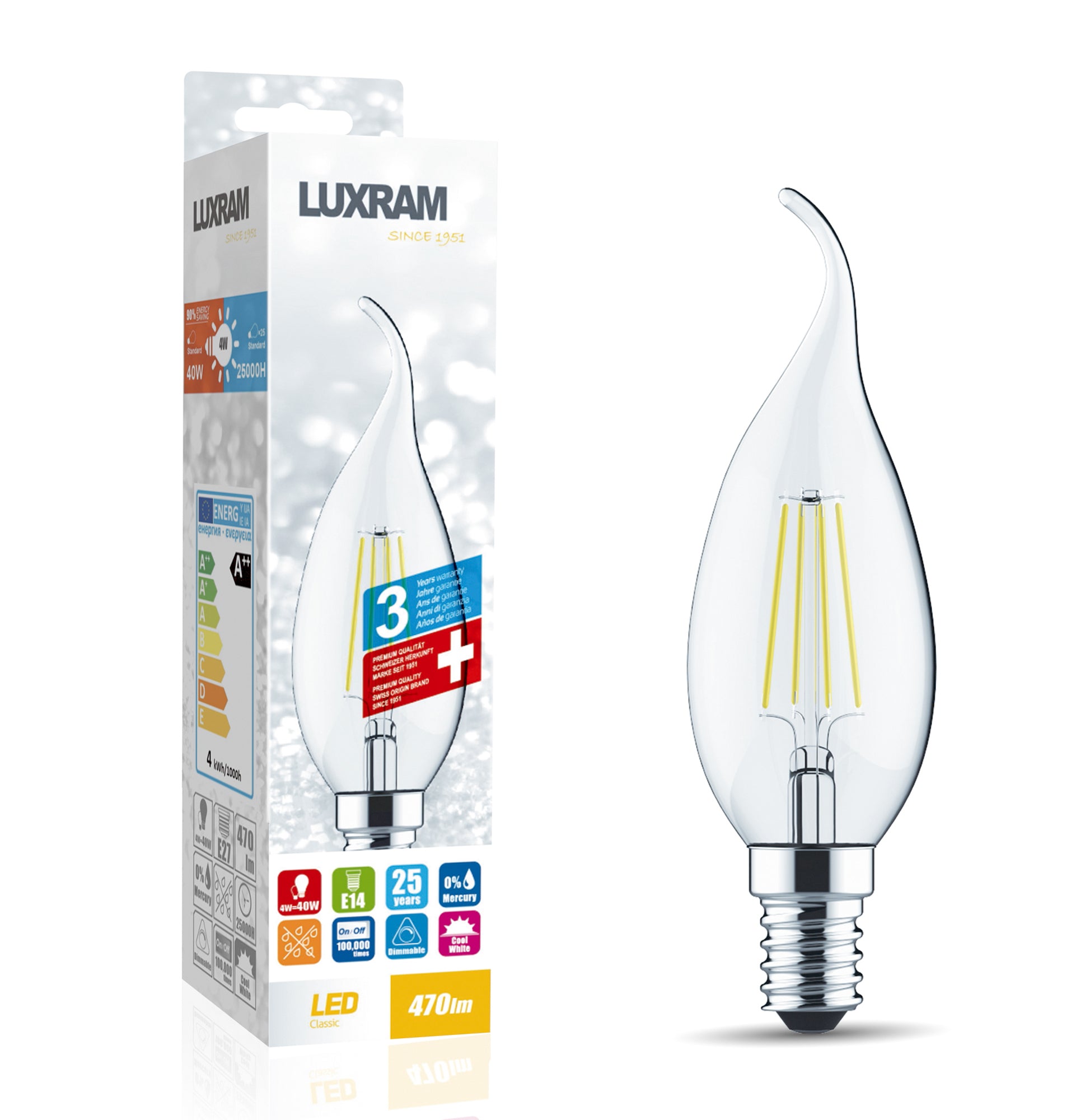 Value Classic LED Candle Tip E14 Dimmable 4W 4000K Natural White, 470l -  EMA Lighting