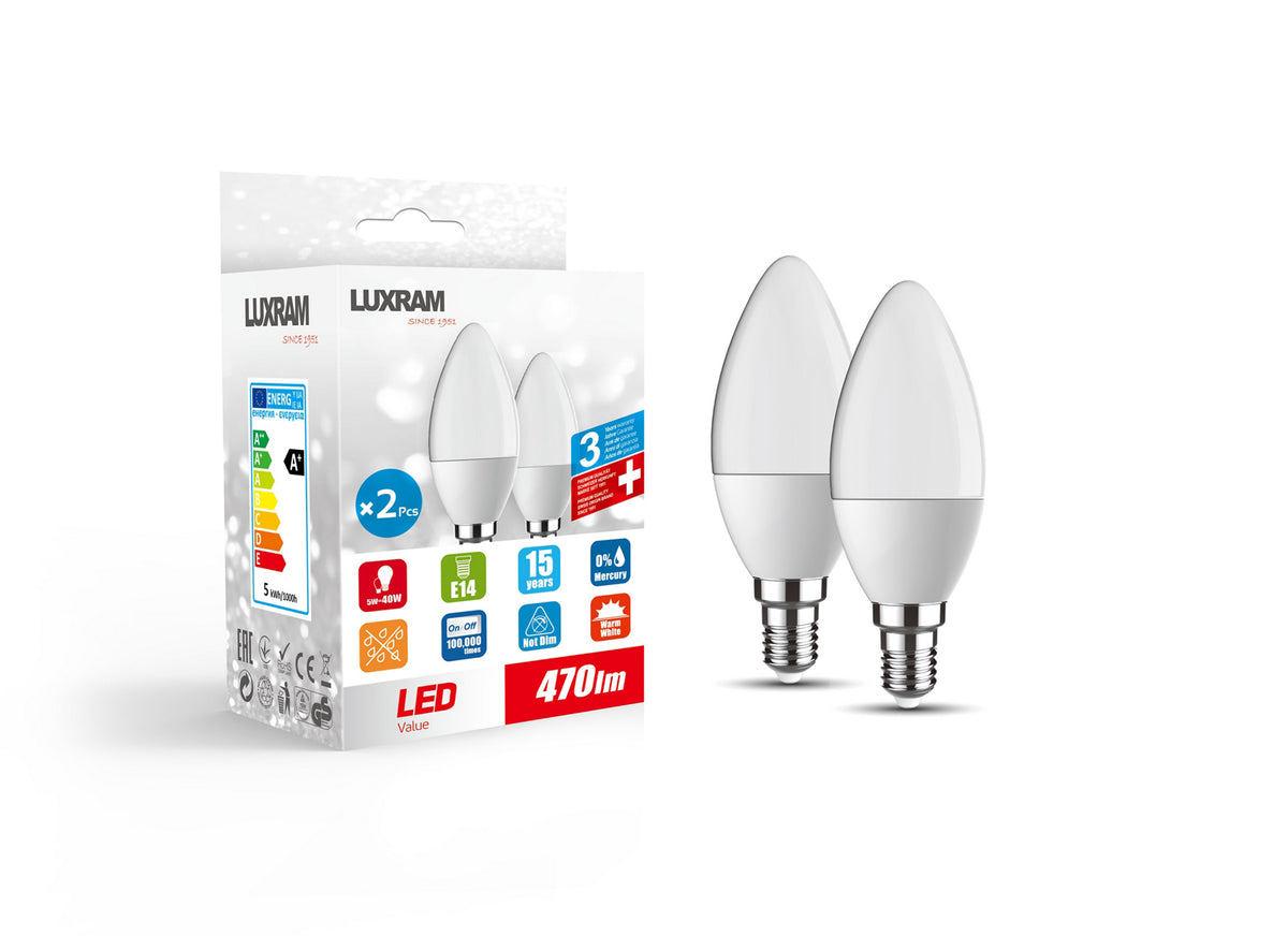 Duo pack Candle E14 5W 470lm 3000K Warm White