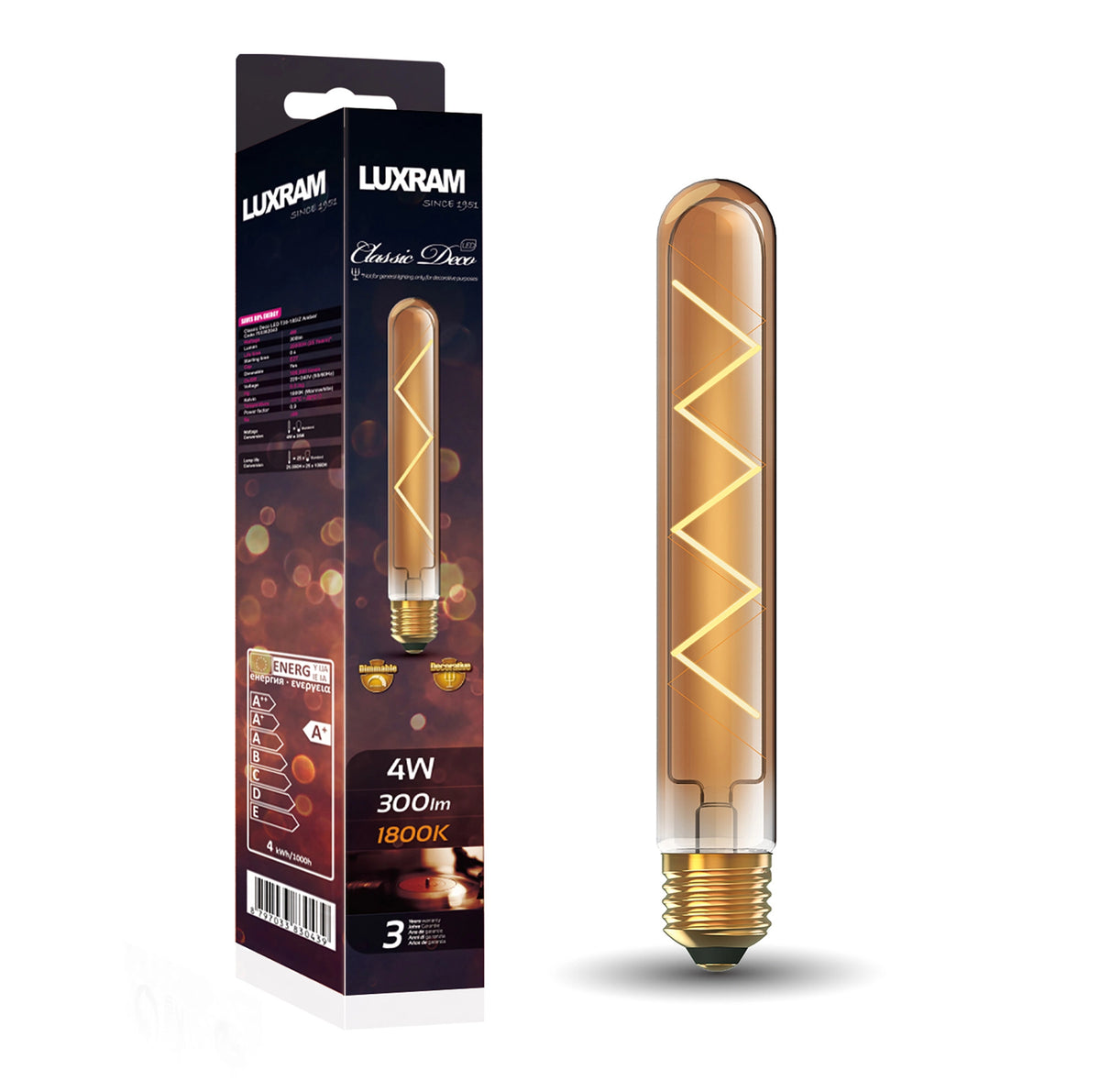 Classic Deco LED 185mm Tubular X E27 Dimmable 4W 1800K Extra Warm White, 300lm, Gold Glass