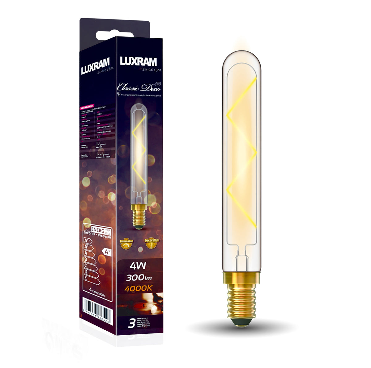 Classic Deco LED 185mm Tubular X E14 Dimmable 4W 4000K Natural White, Clear Glass