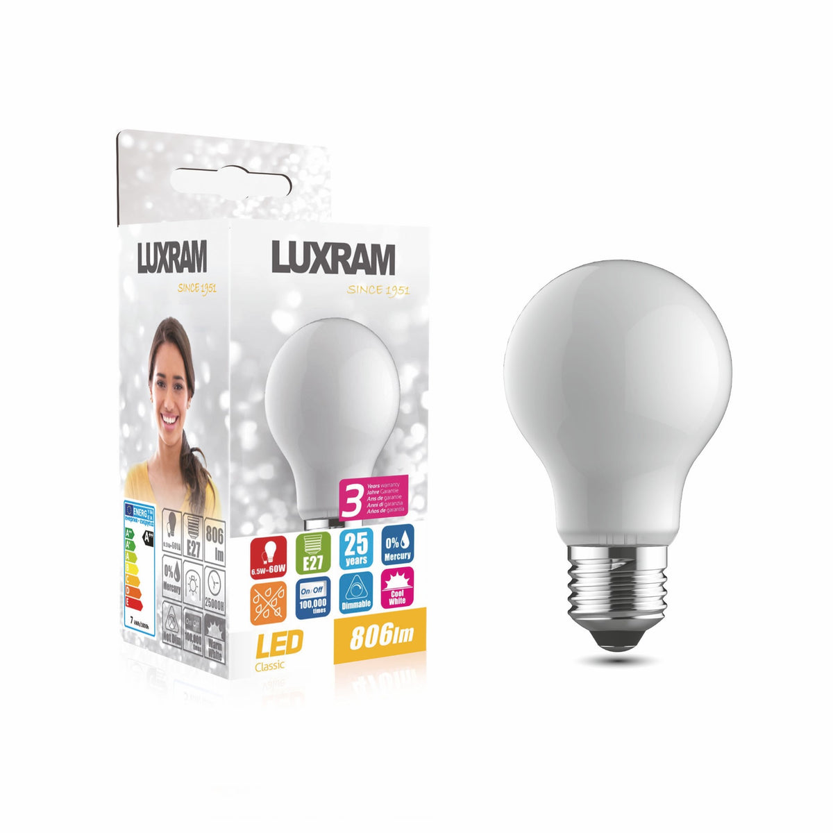 Value Classic LED GLS E27 Dimmable 6.5W Natural White 4000K, Opal Finish