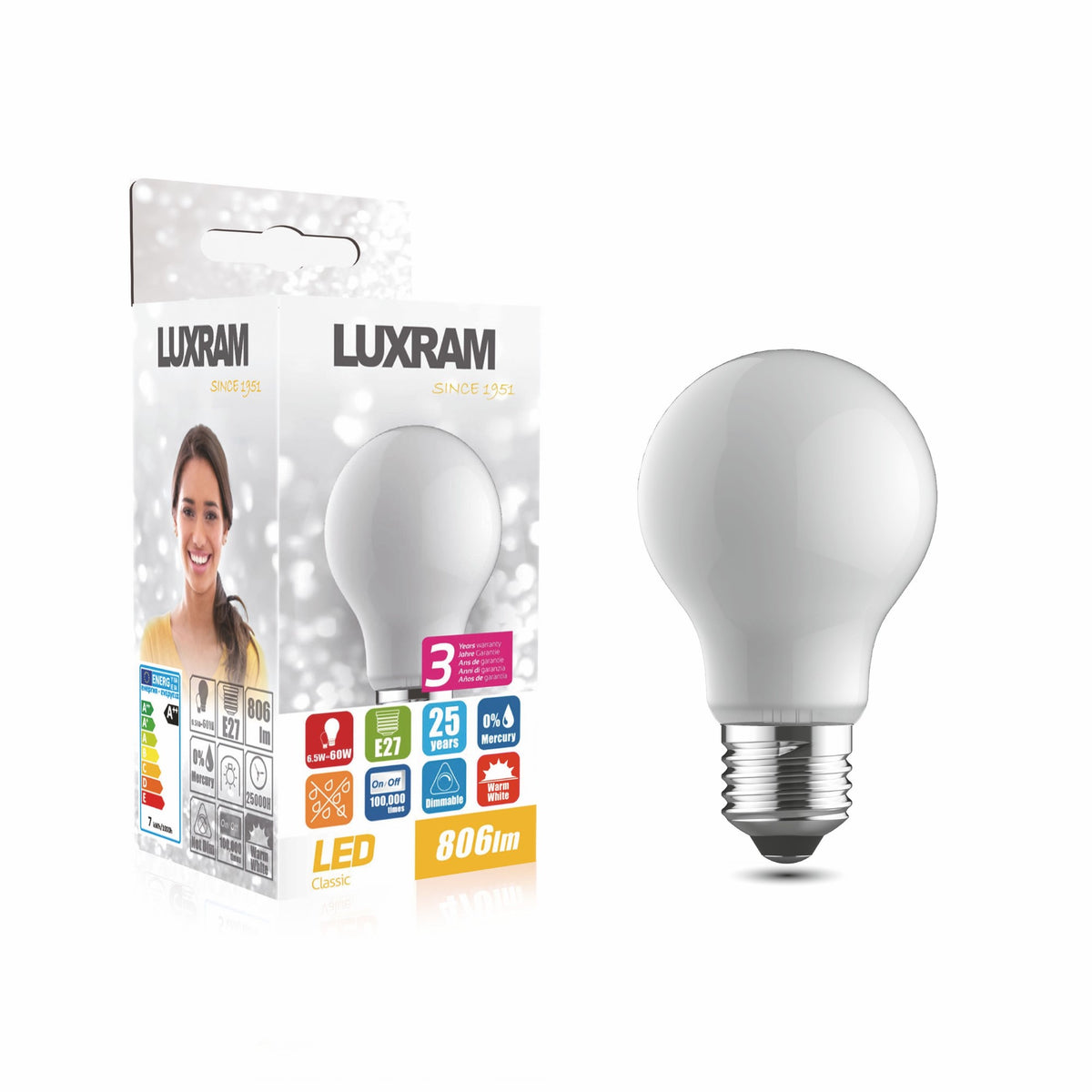 Value Classic LED GLS E27 Dimmable 6.5W Warm White 2700K, 806lm In Opal Finish
