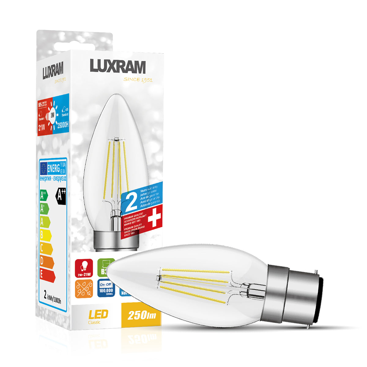 Value Classic LED Candle B22d Dimmable 4W Warm White 2700K, 400lm In Clear Finish