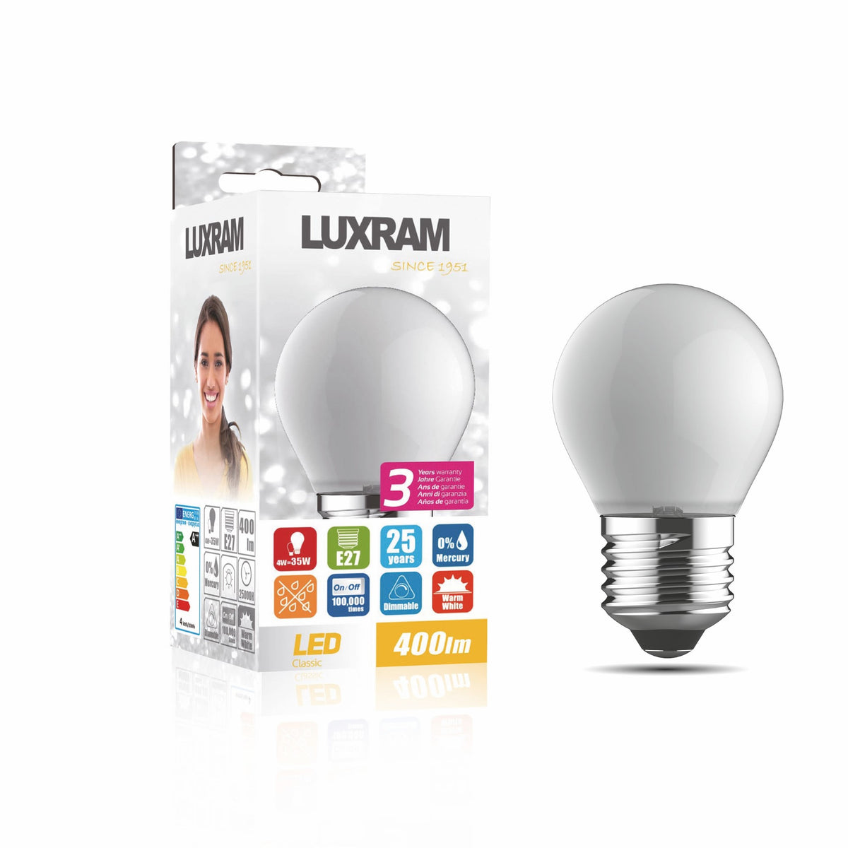 Value Classic LED Ball E27 Dimmable 4W Warm White 2700K, 400lm With Frosted Finish