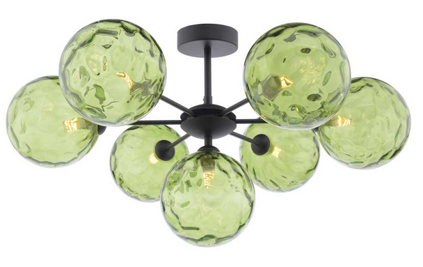 Picasso 7 light Semi Flush Matt Black Green Dimple Glass PIC7BLC/GALG014