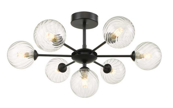 Picasso 7 light Semi Flush Matt Black Twisted Glass PIC7BLC/GALG03