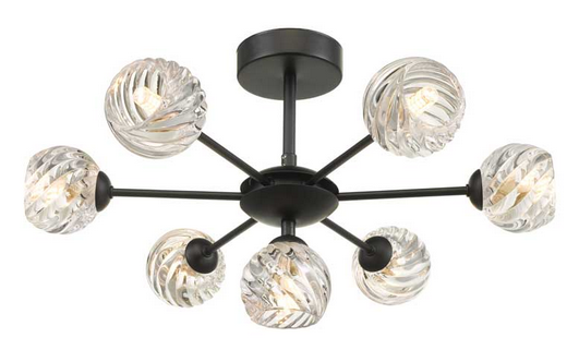 Picasso 7 light Semi Flush Matt Black Twisted Open Glass PIC7BLC/GALG05