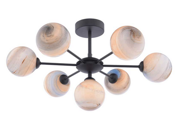 Picasso 7 light Semi Flush Matt Black Large Planet Style Glass PIC7BLC/GALG07L