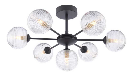 Picasso 7 light Semi Flush Matt Black Small Ribbed Glass PIC7BLC/GALG08