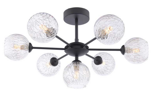 Picasso 7 light Semi Flush Matt Black Clear Glass with Inner Wire PIC7BLC/GALG09