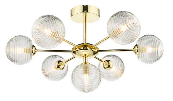 Picasso 7 light Semi Flush Polished Gold Ribbed Glass PIC7GD/GALG08