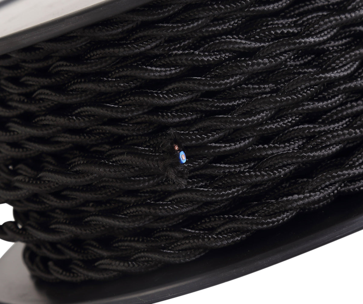 Webb 25m Roll Black Braided Twisted 2 Core 0.75mm Cable VDE Approved EM0908-HSA